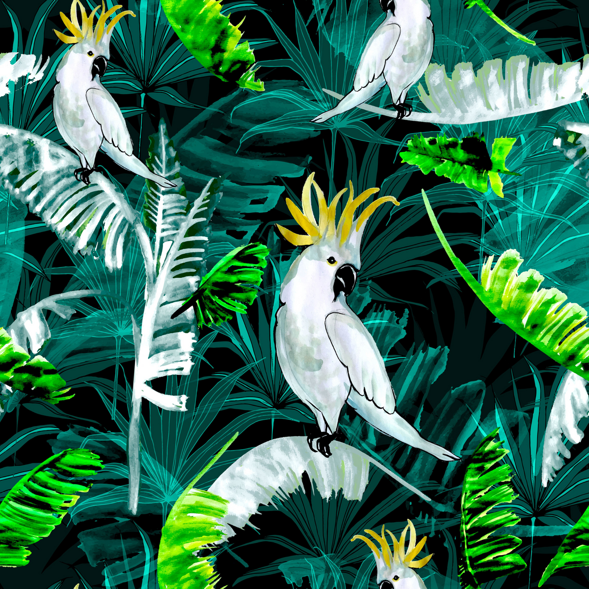 Sand Free Towel pattern of Bird of Paradise showing a White Cockatoo and Australian Native perched on palm leaves