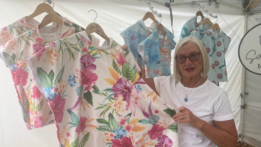 Island Princess is a very popular sand free hoodie which Mary our patron of Sandi Toes shows off the adult hoodie with kids Under the Sea and  Feeding Frenzy kids hoodies at Burleigh Heads Market