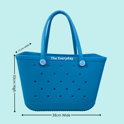 The Everyday, Aqua Marine Silicone Bag: Spacious & Functional. [Detailed size chart: Height 33cm, Width 38cm, Top Depth 13cm. Perfect for carrying all your essentials in style.] 