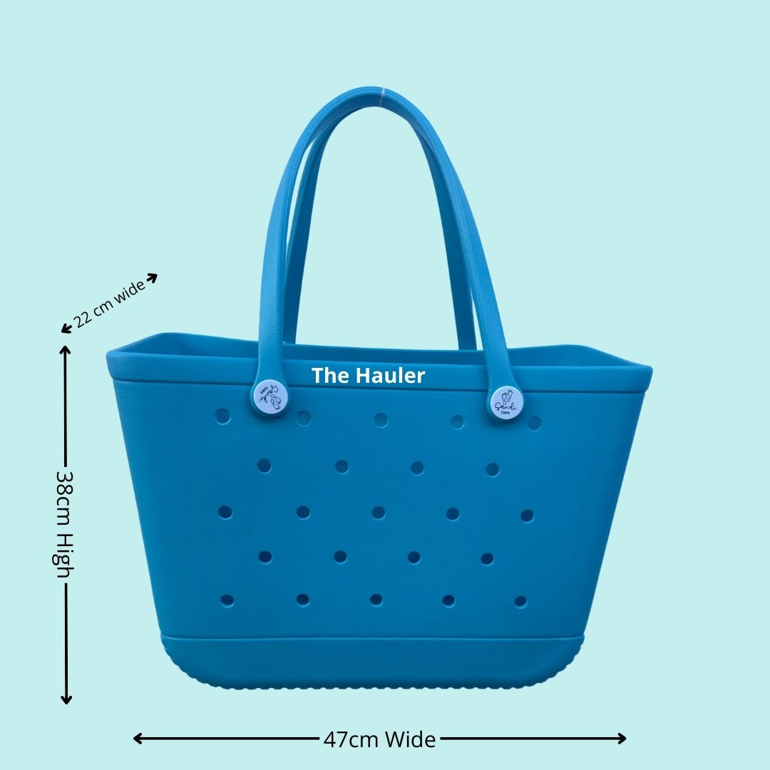 Aqua Marine Silicone Bag: Spacious & Functional. [Detailed size chart: Height 38cm, Width 47cm, Top Depth 22cm. Perfect for carrying all your beach essentials in style.] 