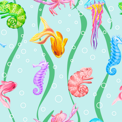 Swatch of the Earth & Sea hooded beach towel/hoodie pattern. The design features a vibrant underwater scene teeming with various sea creatures, including colorful fish, a curious chameleon clinging to a coral reef, scurrying crabs, a majestic seahorse, and translucent jellyfish.