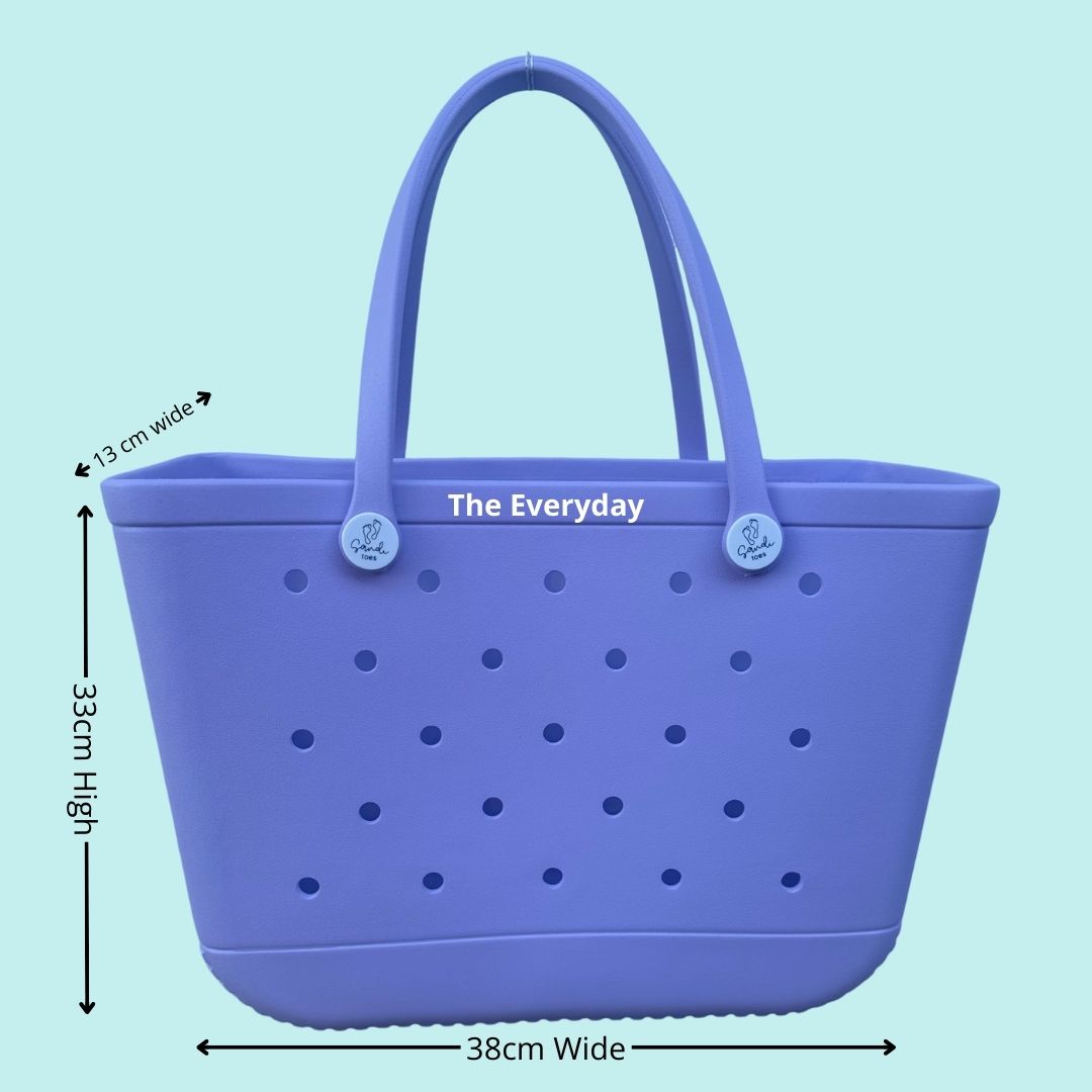 The Everyday Silicone Bag: Spacious & Functional. [Detailed size chart: Height 33cm, Width 38cm, Top Depth 13cm. Perfect for carrying all your essentials in style.