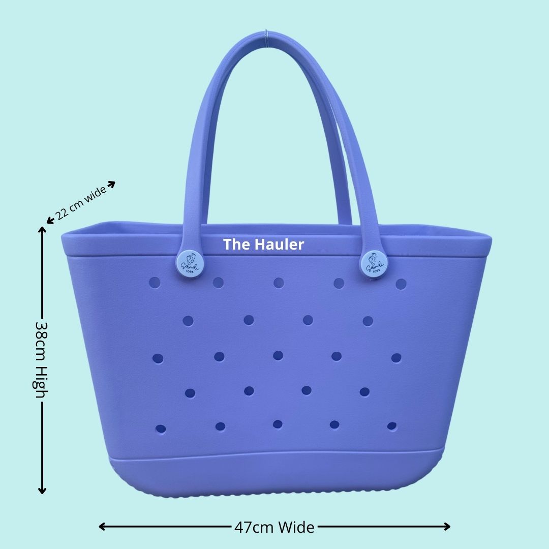 Coral Cove The Hauler Silicone Bag: Spacious & Functional. [Detailed size chart: Height 38cm, Width 47cm, Top Depth 22cm. Perfect for carrying all your beach essentials in style.]