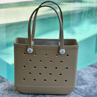 Medium bag: "Medium Sand EVA silicone beach tote bag front view displaying spacious interior and shoulder straps"