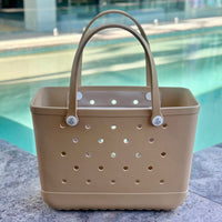 Large bag: "Large Sand EVA silicone beach tote bag front view showcasing maximum capacity and sturdy construction"
