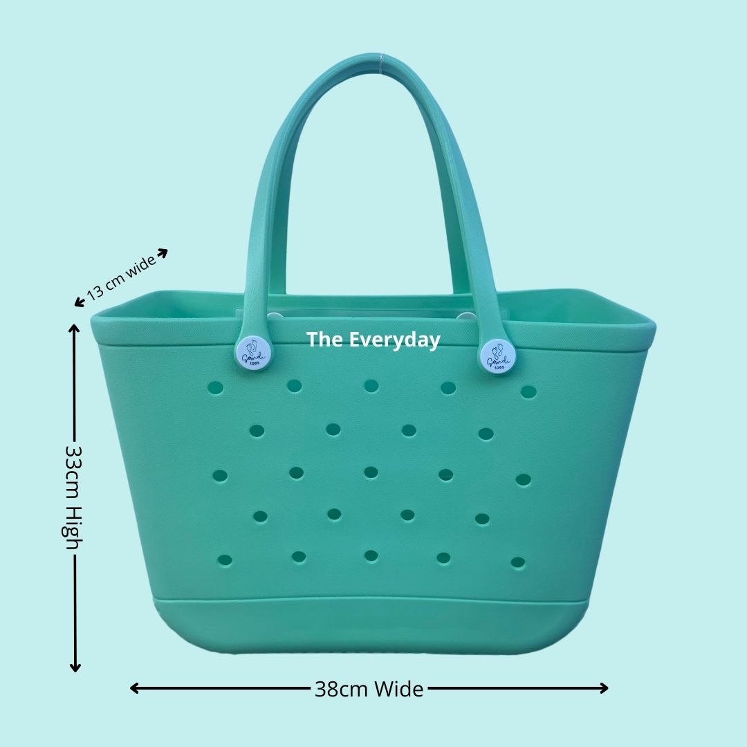  The Everyday Sea Foam Silicone Bag: Spacious & Functional. [Detailed size chart: Height 33cm, Width 38cm, Top Depth 13cm. Perfect for carrying all your essentials in style.