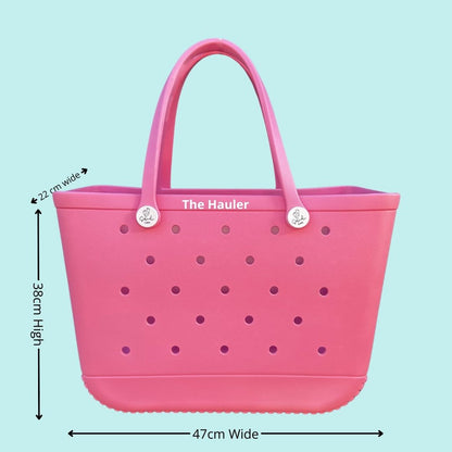 The Hauler Sea Shell Silicone Bag: Spacious & Functional. [Detailed size chart: Height 38cm, Width 47cm, Top Depth 22cm. Perfect for carrying all your beach essentials in style.]