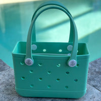 "Small Sea Foam EVA silicone beach tote bag front view showing compact size and handles"