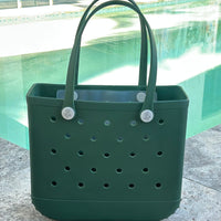 * "Medium Sea Moss EVA silicone beach tote bag front view displaying spacious interior and shoulder straps"