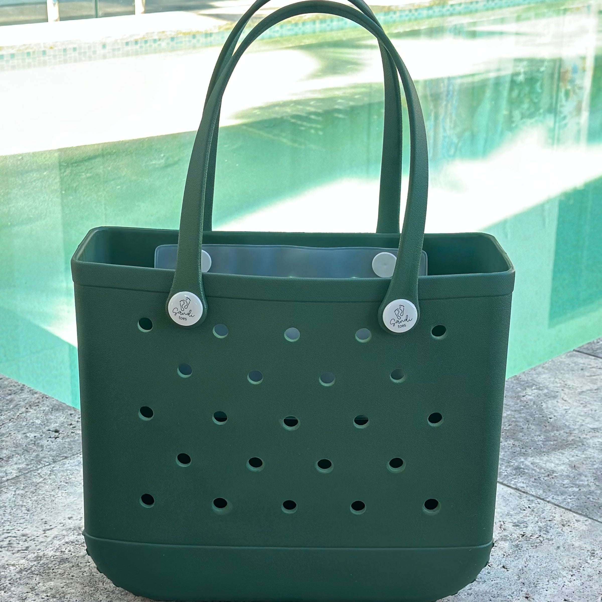 * "Medium Sea Moss EVA silicone beach tote bag front view displaying spacious interior and shoulder straps"