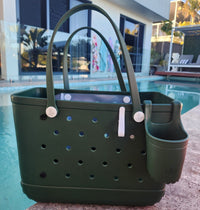 Sea Moss Tote Bag with Silicone Cup holder and key clip beside a swimming pool