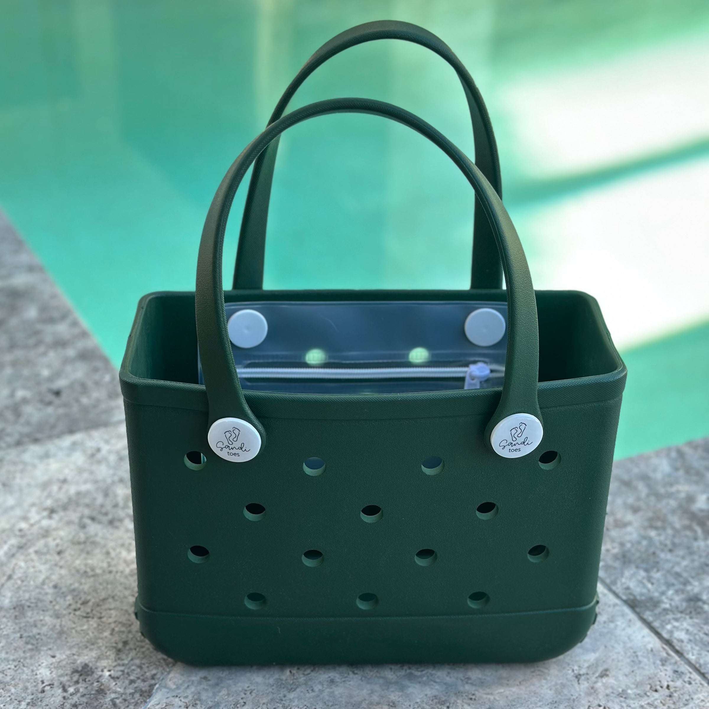 * "Small Sea Moss EVA silicone beach tote bag front view showing compact size and handles"