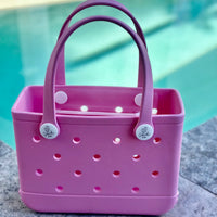 "Small Seashell EVA silicone beach tote bag front view showing compact size and handles"