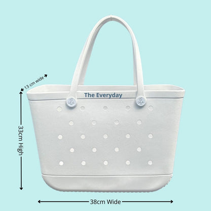  The Everyday White Haven Silicone Bag: Spacious & Functional. [Detailed size chart: Height 33cm, Width 38cm, Top Depth 13cm. Perfect for carrying all your essentials in style.