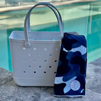 "White Haven Eva Silicone bag showing the a Camouflage Sand Free Hoodie for adults"