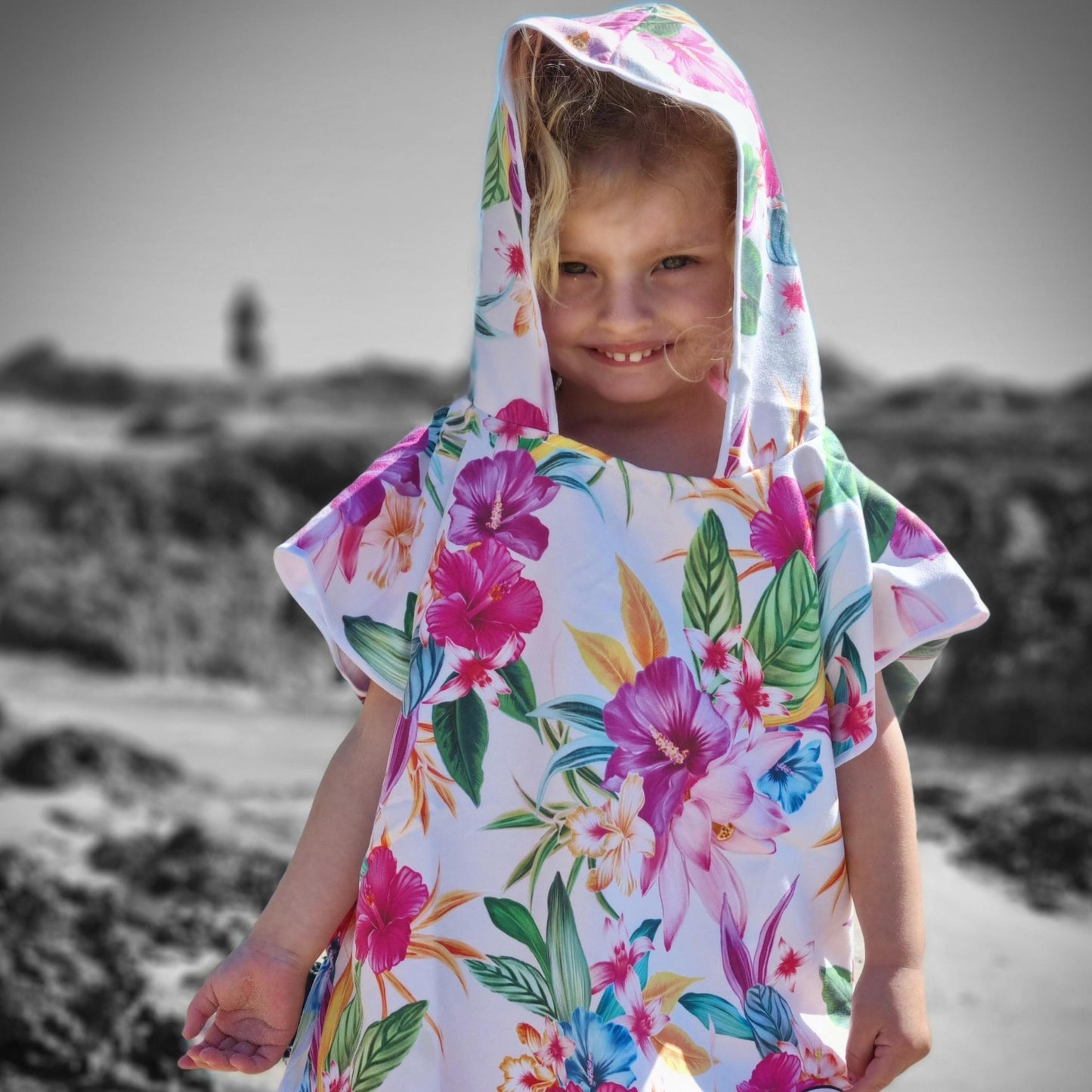 Sand Free Beach Towel with 3 year old girl with Hibiscus flowers on her sand free beach towel
