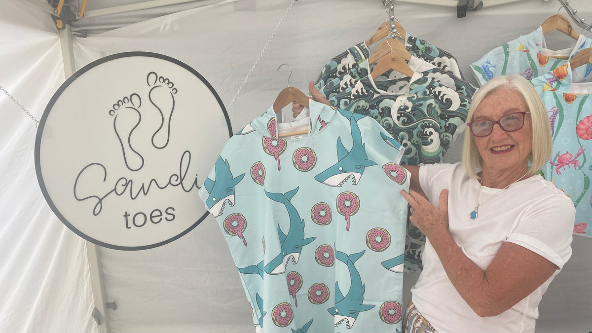 Sandi Toes Patron Mary helping out at a recent monthly market stall at Broadbeach Queensland home of the annual Blues on Broadbeach festival at Kurrawa Surf Club on the Gold Coast