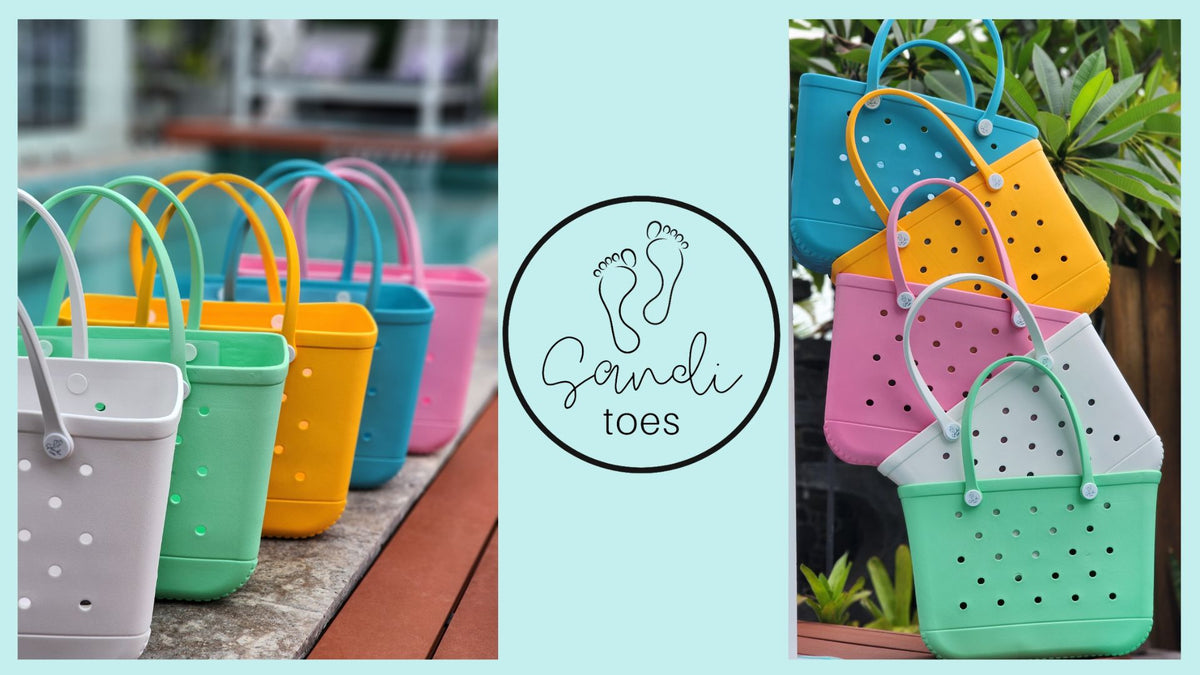 Seen here is our range of 6 silicone beach and shopping bags designed in 6 bright colours where you will stand out in the crowd. Not only that our bags are designed toi stand tall and not fall over easily.