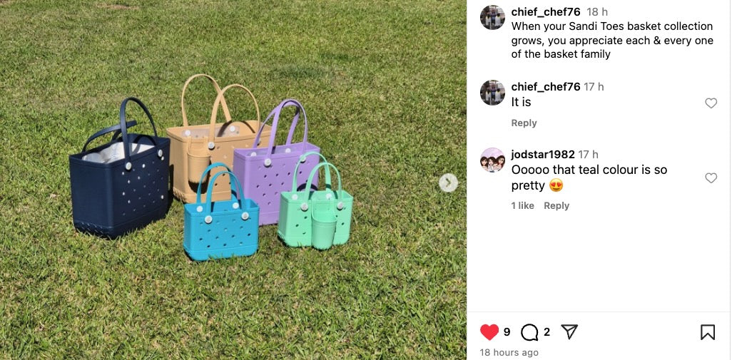 Image of 5 eva silicone bags from sandi toes and the comments on instagram