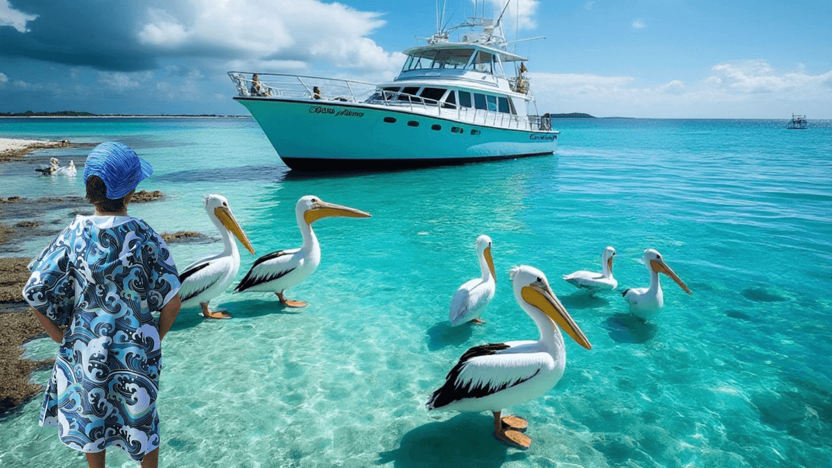 A typical day on the great barrier reef queensland a boy stands amoung pelicans on the coral cay looking out a boat moored