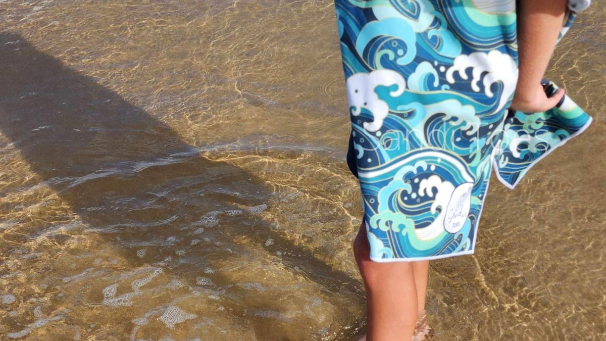 Wipeout is one of our biggest sellers in the children's and adults range, here is a photo of a child wading through the water of Currumbin Beach Queensland.