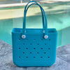 "Medium Aqua Marine EVA silicone beach tote bag front view displaying spacious interior and shoulder straps"

