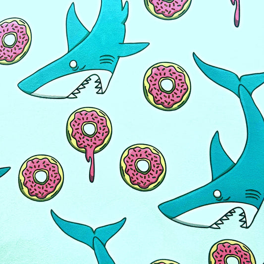 Feeding Frenzy Pattern which depicts a hungry shark chasing a Pink Donut