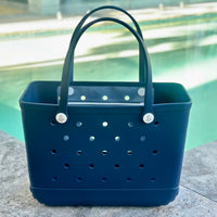 * "Large Sailors Navy EVA silicone beach tote bag front view showcasing maximum capacity and sturdy construction"