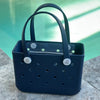 * "Small Sailors Navy EVA silicone beach tote bag front view showing compact size and handles"