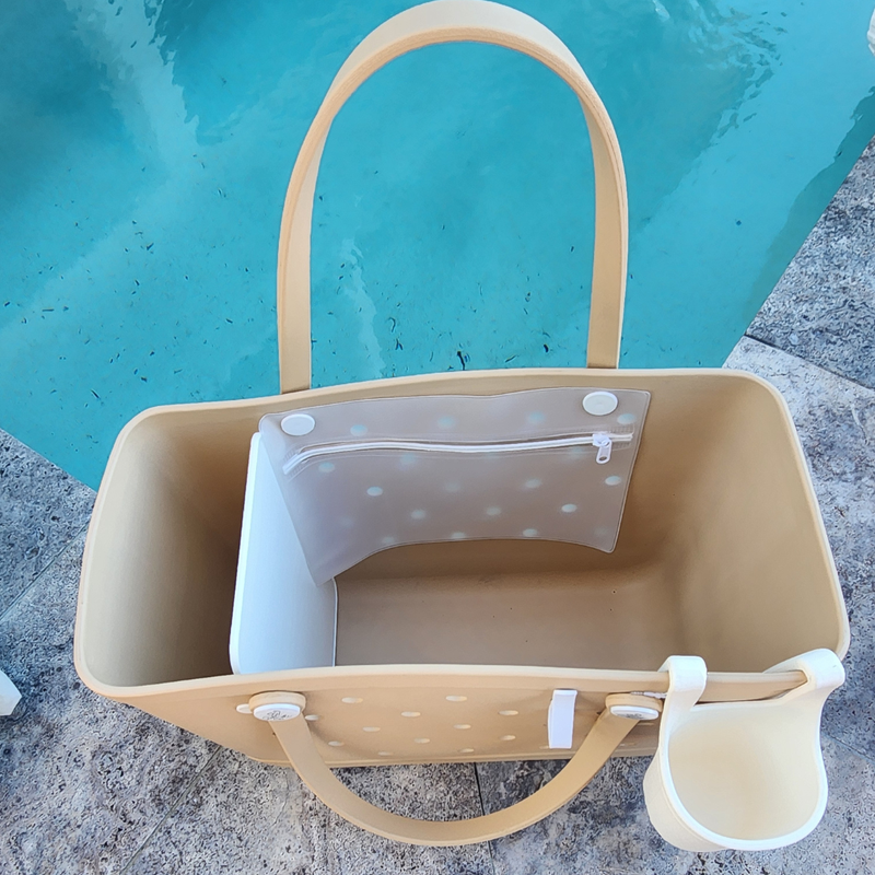 Sand EVA tote bag with pouch and cup holder with blue water background