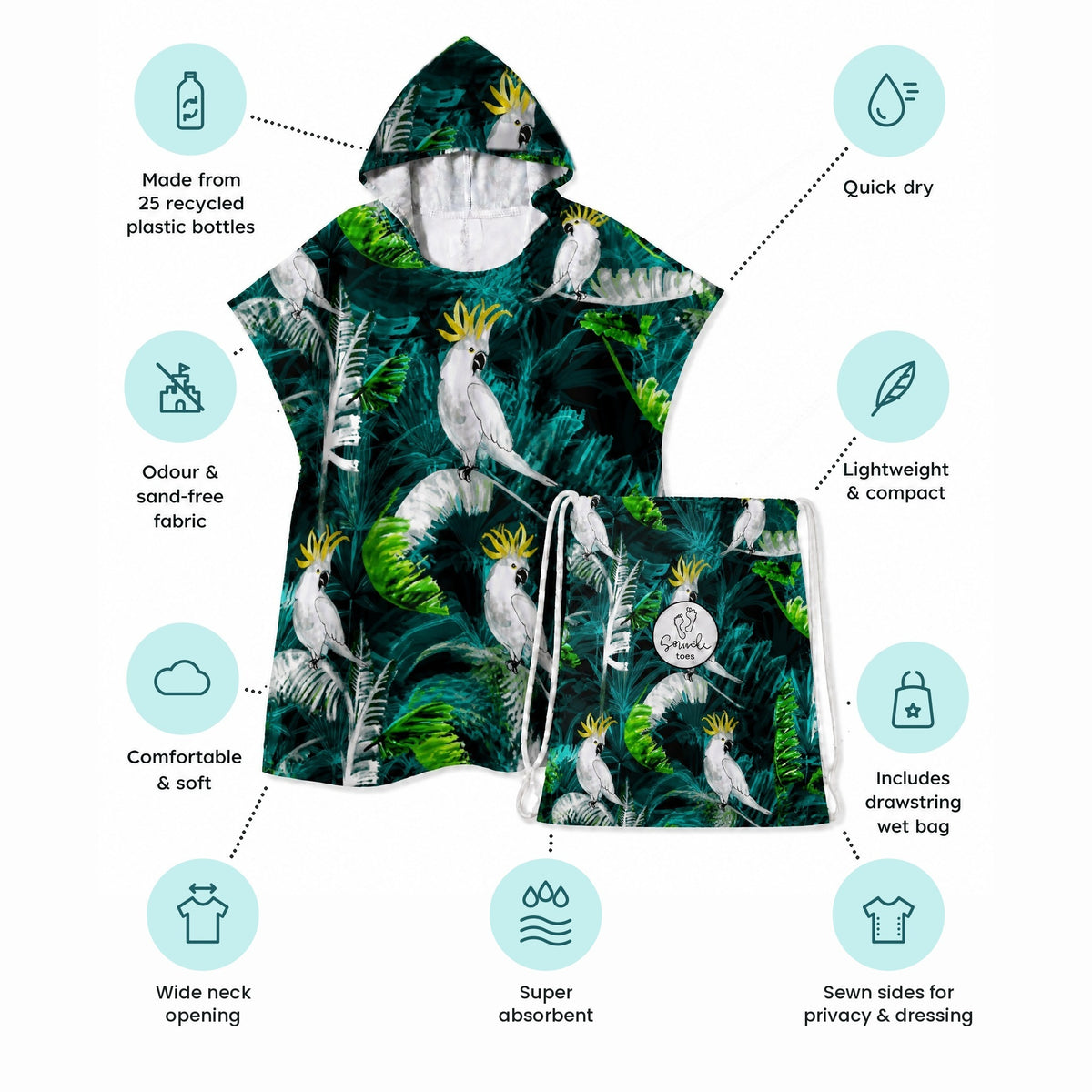 Bird of Paradise sand-free kids hoodie and wet bag with product features