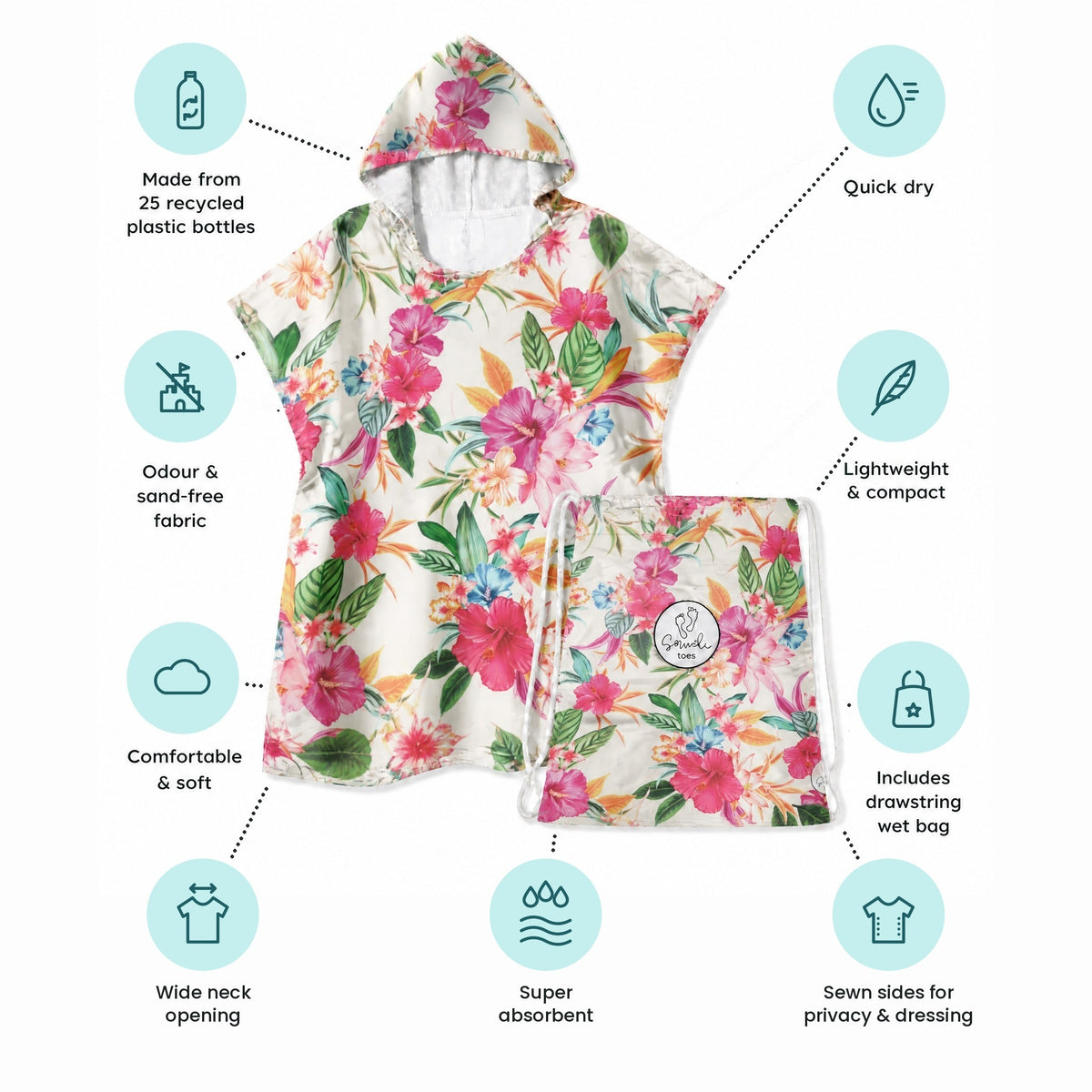 Island Princess sand-free kids hoodie and wet bag with product features