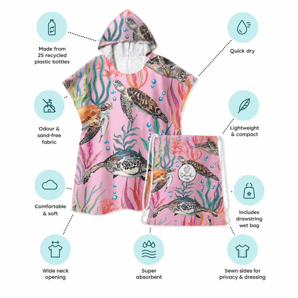 Turtle Cove sand-free kids hoodie and wet bag with product features