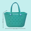  The Everyday Sea Foam Silicone Bag: Spacious & Functional. [Detailed size chart: Height 33cm, Width 38cm, Top Depth 13cm. Perfect for carrying all your essentials in style.