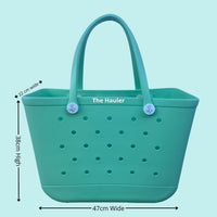 The Hauler Sea Foam Silicone Bag: Spacious & Functional. [Detailed size chart: Height 38cm, Width 47cm, Top Depth 22cm. Perfect for carrying all your beach essentials in style.]