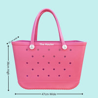 The Hauler Sea Shell Silicone Bag: Spacious & Functional. [Detailed size chart: Height 38cm, Width 47cm, Top Depth 22cm. Perfect for carrying all your beach essentials in style.]
