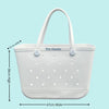 The Hauler White Haven Silicone Bag: Spacious & Functional. [Detailed size chart: Height 38cm, Width 47cm, Top Depth 22cm. Perfect for carrying all your beach essentials in style.]