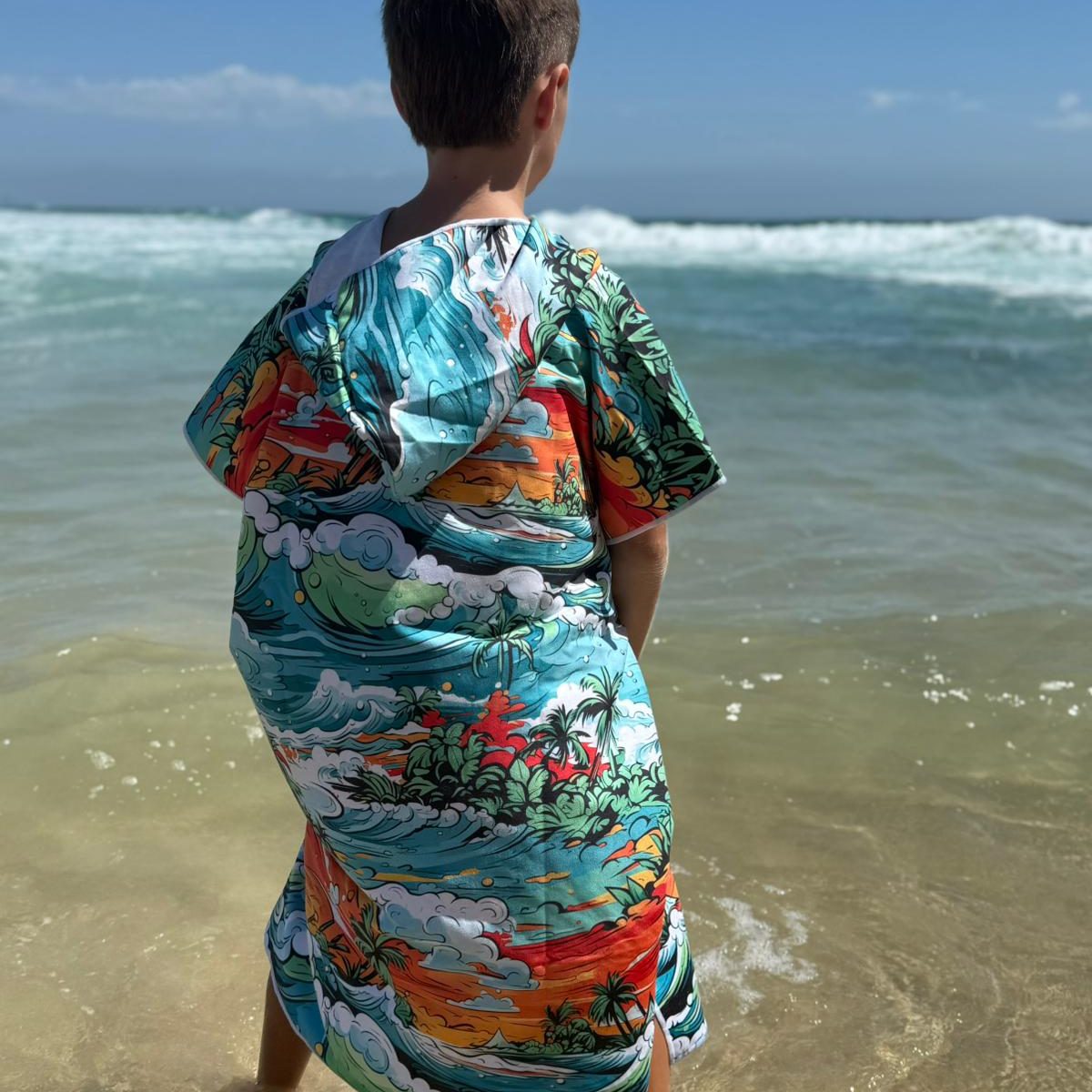Wave Rider large hoodie standing at beach